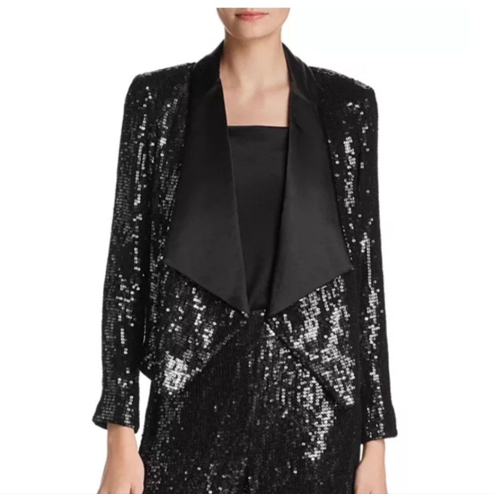 Alice + Olivia Black Warren Sequined Open Blazer Jacket Black Satin Collar Open